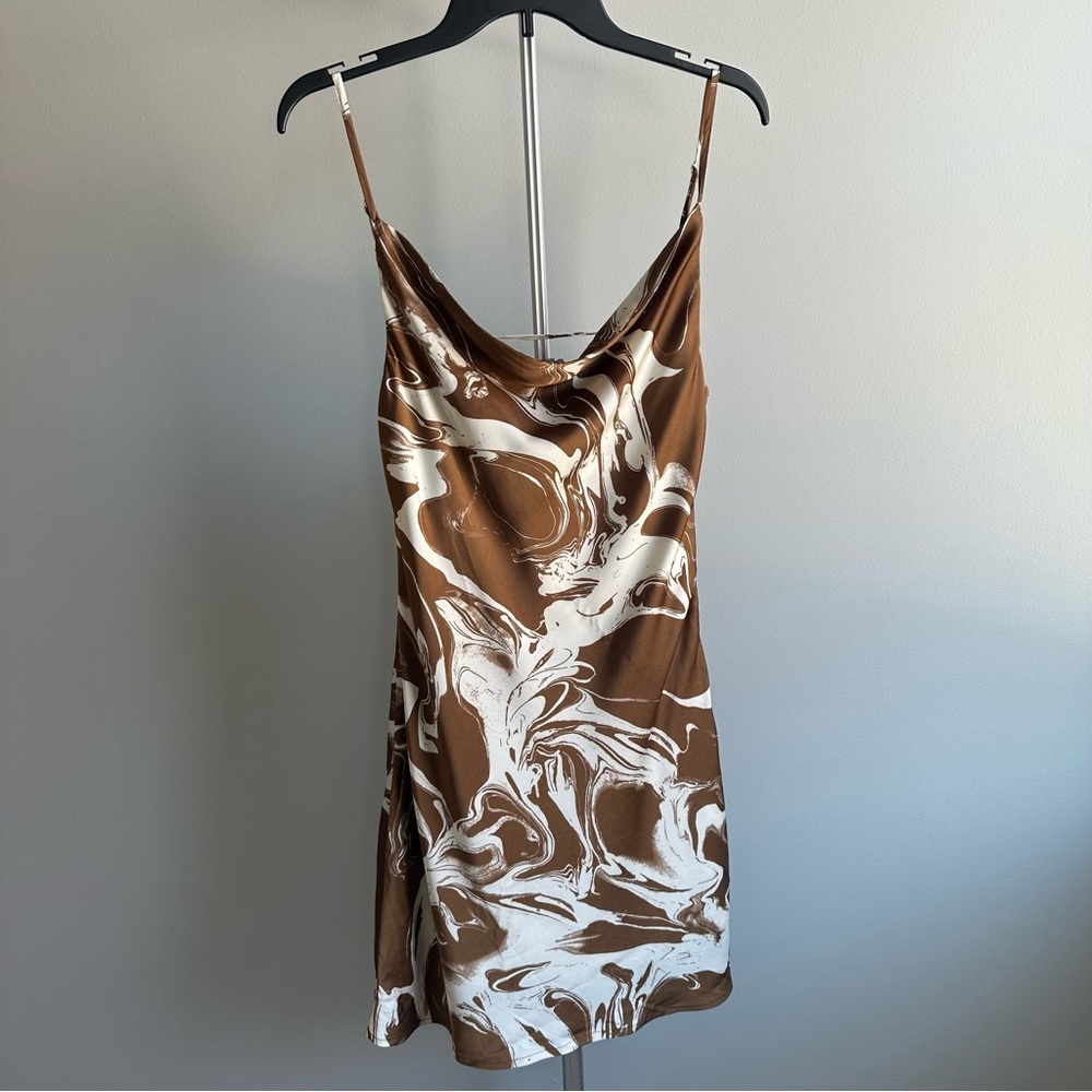 Pretty Garbage Brown Marble Cowl Neck Satin Slip Dress | Size M